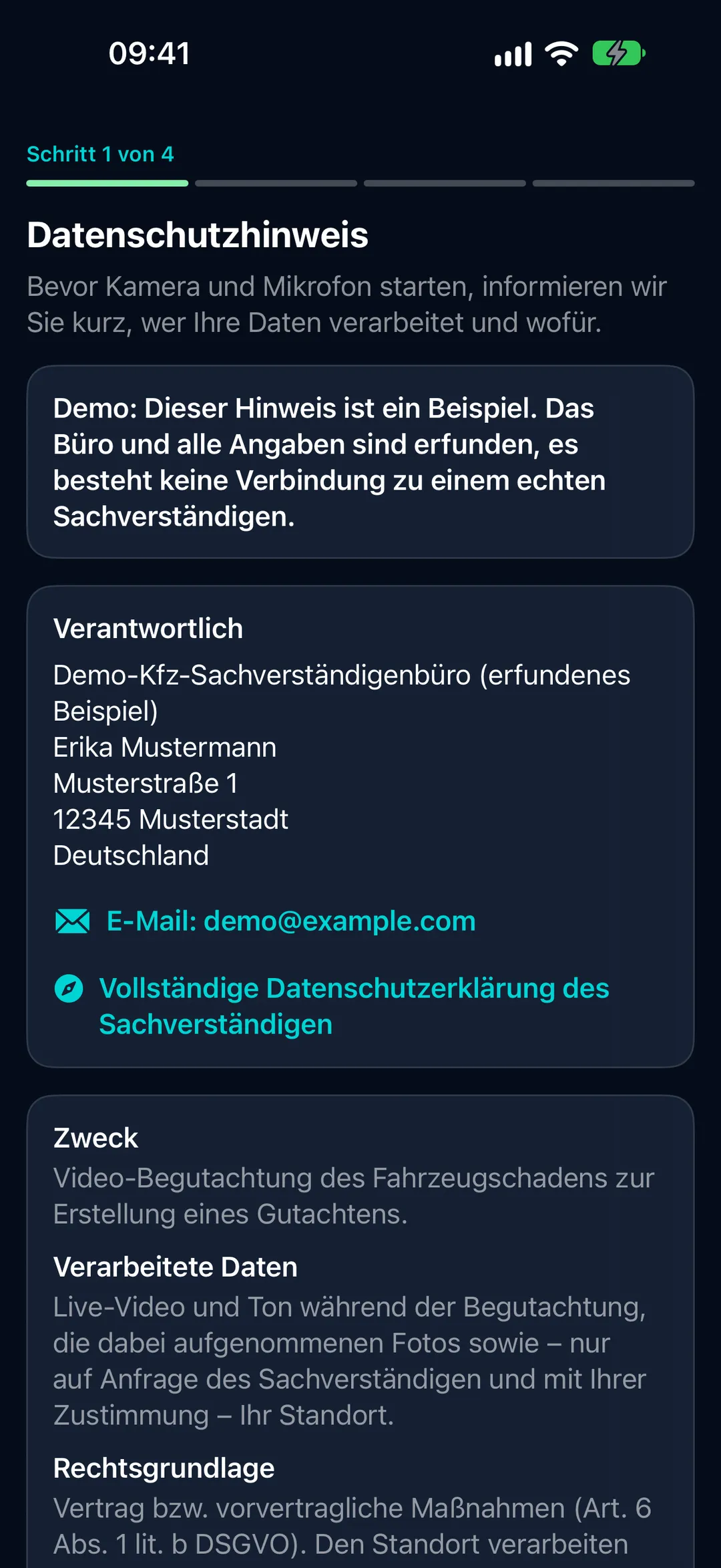 Datenschutzhinweis der App mit Angaben zu Verantwortlichem, Zweck und verarbeiteten Daten.
