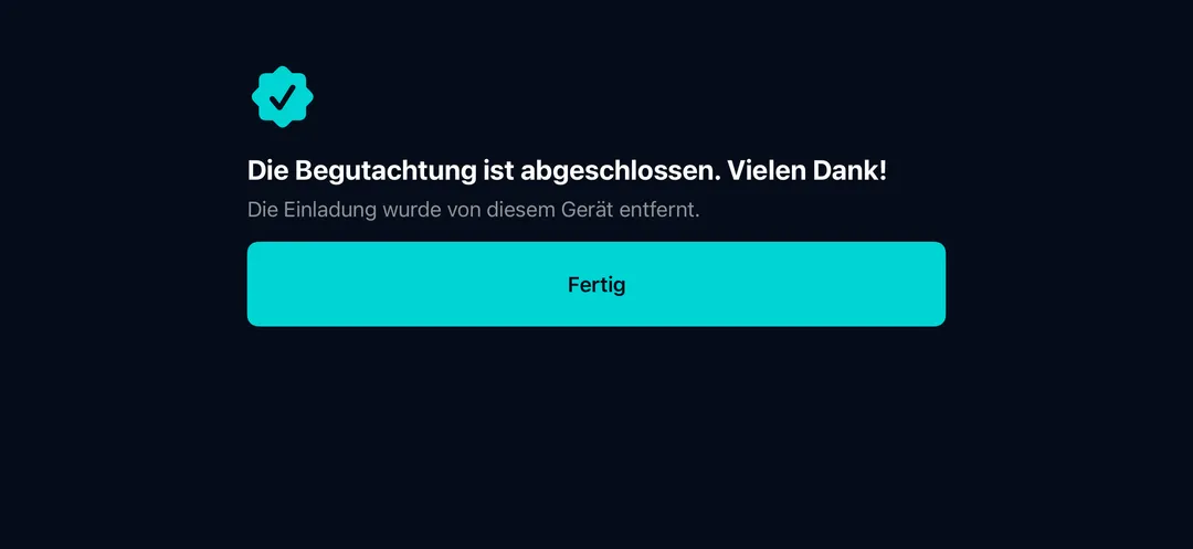 Ende-Bildschirm der Kfz Gutachter App auf dem iPhone nach Abschluss der Begutachtung.