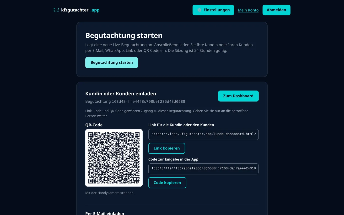 Dashboard der Kfz Gutachter App mit gestarteter Begutachtung, daneben Einladungslink, QR-Code und Einladungscode.