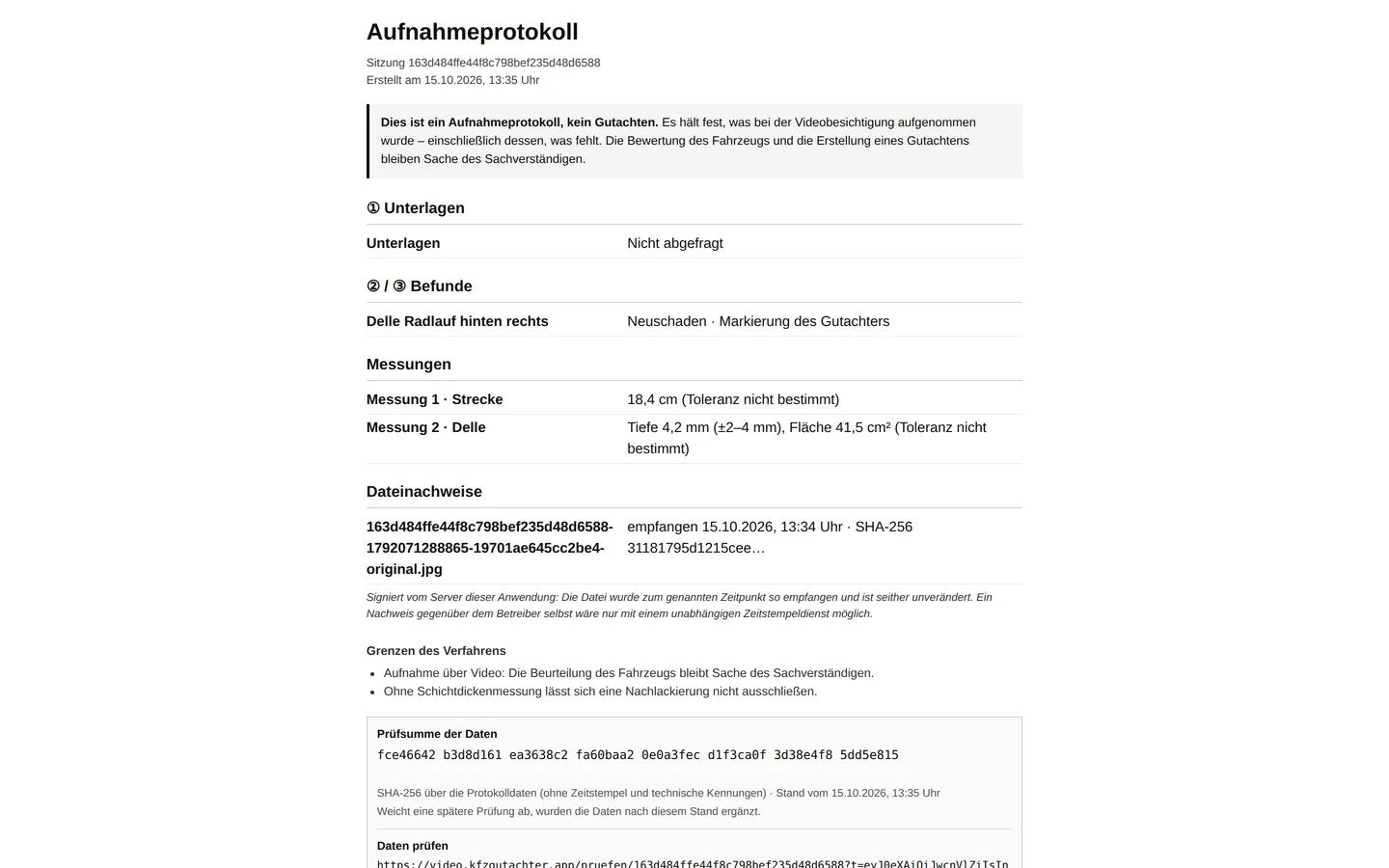 Dashboard mit fertigem Aufnahmeprotokoll, Prüfsumme und Schaltfläche für den ZIP-Download.